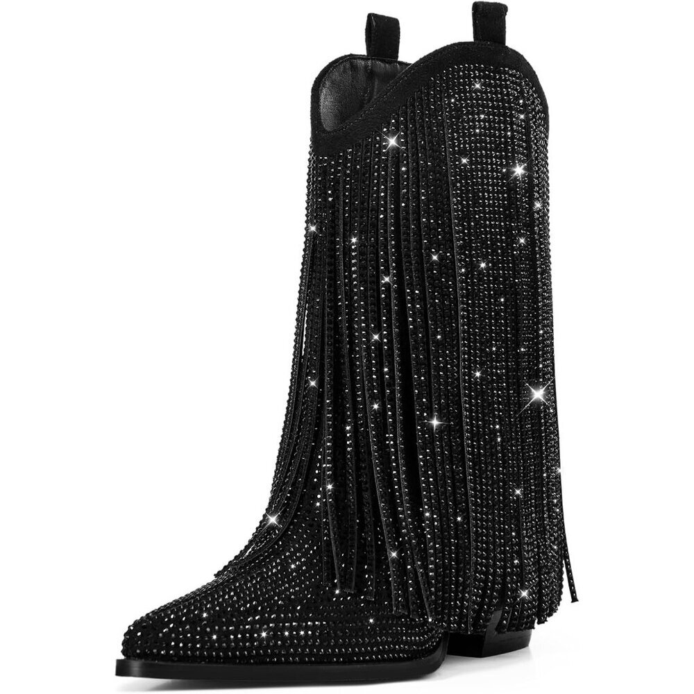 Women's Black Cowgirl Rhinestone Western Boots with Sparkly Fringe Pointed Toe